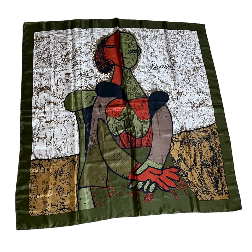 Vintage Paloma Picasso Cubism-Style Art Silky Scarf in Earth Tones, 35" x 34"
